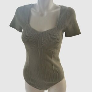 Abercrombie & Fitch Ribbed Square Neck Short Sleeve Bodysuit Top Olive Green M